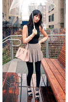 tan misspouty skirt - light pink Prada bag - black vintage top