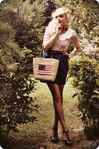 red top - white scarf - navy skirt