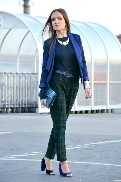 navy and green plaid pants