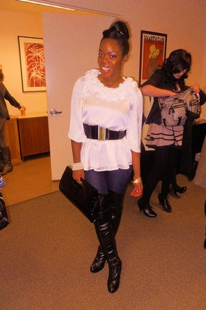 white f21 blouse - black Jessica Simpson boots - black H&M coat