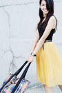 Black-tank-h-m-top-plaid-joyrich-x-lesportsac-bag-mustard-wagw-skirt