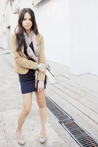 beige Charles & Keith pumps - camel Forever 21 blazer - printed Forever 21 scarf