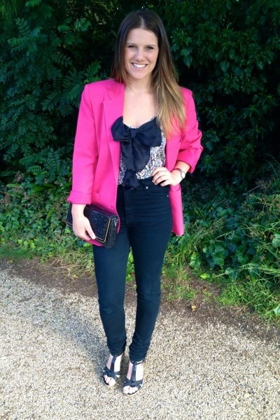 pink blazer black jeans