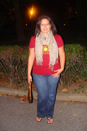 blue Gap jeans - red Noisebotcom t-shirt - purple bitten shoes - beige New York 