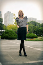 black H&M boots - forest green wool thrifted skirt - black stripped H&M cardigan