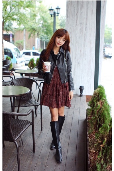 red dress with black leather jacket