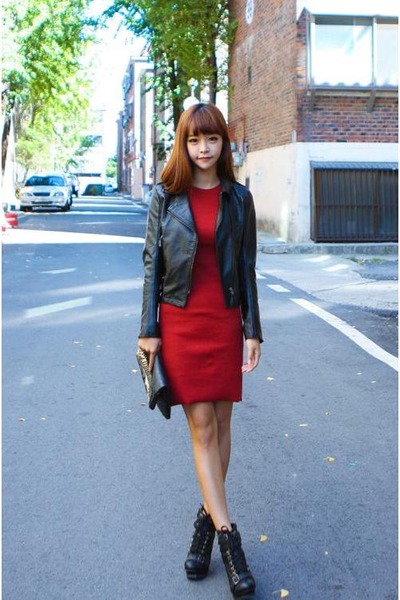 red dress and black boots