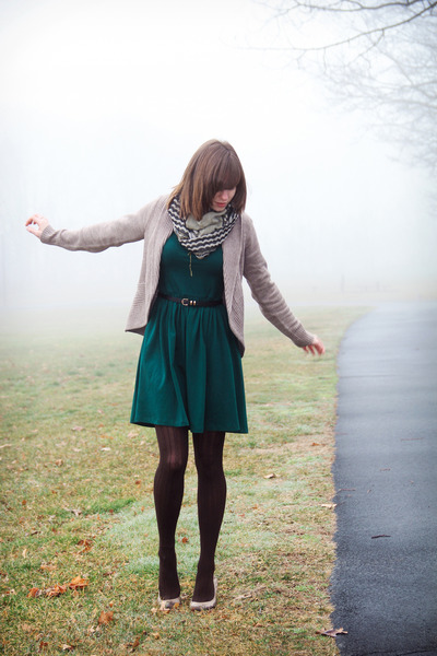 green dress with cardigan