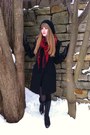 Black-vintage-boots-black-thrifted-coat-black-aldo-hat-ruby-red-gift-scarf