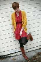 red Forever 21 dress - gold BDG cardigan