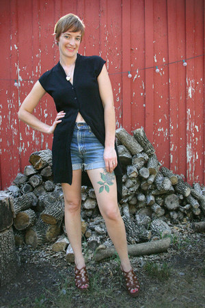 black Helmut Lang dress - blue vintage shorts - tawny madewell sandals