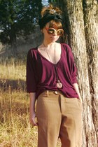 burnt orange round vintage sunglasses - blue suede pumps shoes