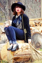 navy vintage cardigan - navy vintage scarf - black Gap jeans - black farylrobin 